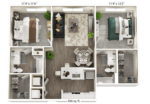Floor plan for 2 beds, 2 baths, 926 sqft